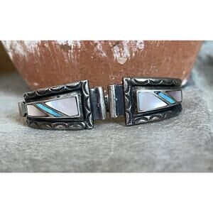 Vintage Native American Zuni Signed MOP Turquoise Inlay Watch Tips Southwestern